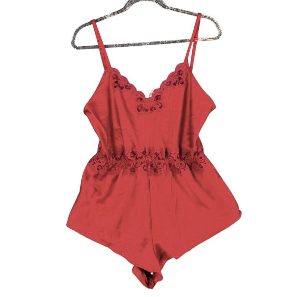 Best Form Vtg 80s Romper Teddy Red Satin & Lace Snap Crotch Sexy Sultry Sz 38